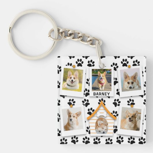 6 Foto Collage Add Name Dog House Paw Prins Sleutelhanger (Voorkant)
