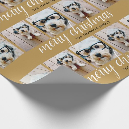 6 Foto-collage - Big Merry-kerstscript Gold Cadeaupapier (Hoek)