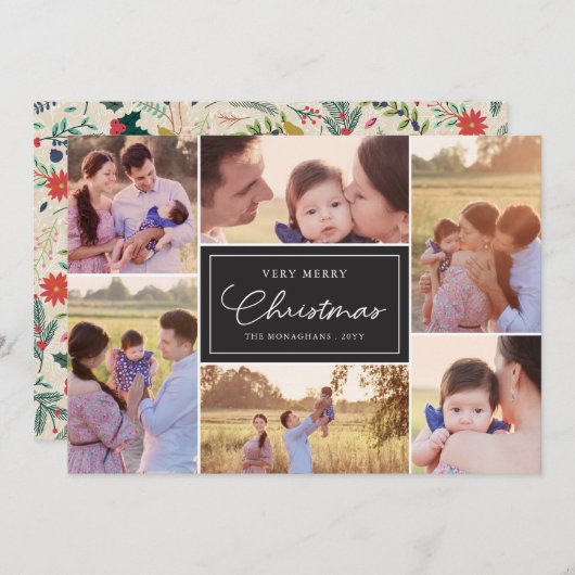 6 Foto Collage | Bloemmotief Kerst Zwart Feestdagenkaart (Voorkant / Achterkant)