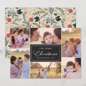 6 foto collage | bloemmotief Kerstmis Zwart Feestdagenkaart (Voorkant / Achterkant)