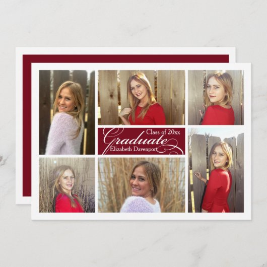 6-Foto Collage Burgundy Custom Afstuderen Kaart (Voorkant / Achterkant)