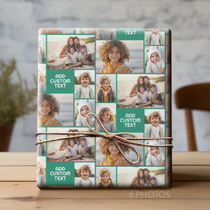 6 foto collage - effen kleur - witte dikke tekst cadeaupapier