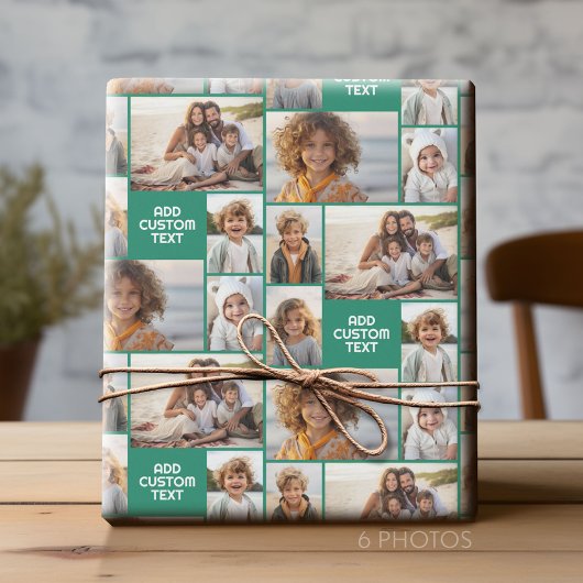 6 foto collage - effen kleur - witte dikke tekst cadeaupapier