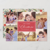 6 Foto Collage | Floral Pattern kerstrood Feestdagenkaart (Voorkant / Achterkant)