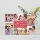 6 Foto Collage | Floral Pattern kerstrood Feestdagenkaart (Staand voorkant)