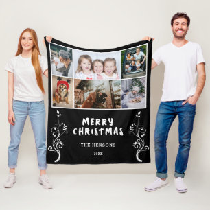 6 Foto Collage Foliage Black kerstfamilie Fleece Deken