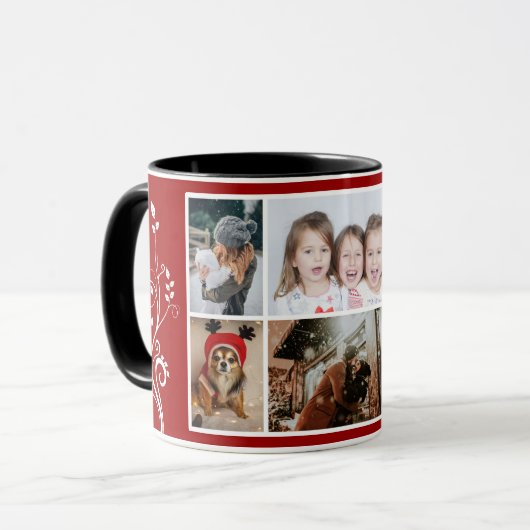 6 Foto Collage Foliage Red Kerstfamilie Mok (Voorkant links)