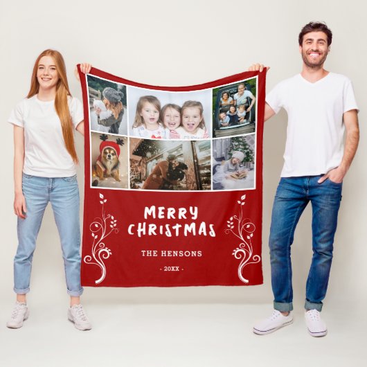 6 Foto Collage Foliage Red Merry kerstfamilie Fleece Deken (In situ)