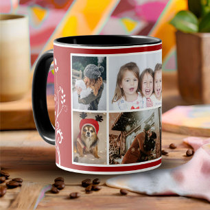 6 Foto Collage Gebladerte Rode Kerst Familie Mok