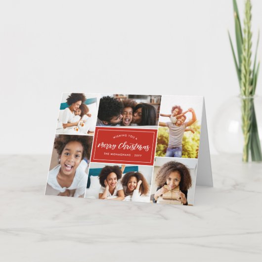 6 Foto Collage | Groene geruite Kerstmis Feestdagen Kaart (Voorkant)