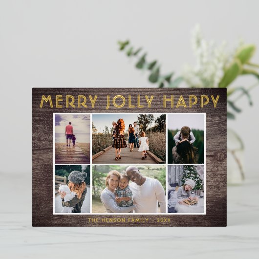 6 Foto Collage Hout Prettig Joolig Gelukkig Kerstm Folie Feestdagenkaart (Staand Voorkant)