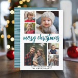 6 Foto Collage Joyful Merry Christmas blauwe stree Feestdagenkaart<br><div class="desc">Gebruik zes vierkante foto's en maak een unieke en trendy Merry kerstgroet met een leuk,  stripe patroon op de rug. Als u om het even wat rond moet bewegen,  klik op de aanpassingsknoop om veranderingen aan te brengen.</div>