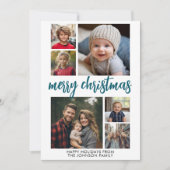 6 Foto Collage Joyful Merry Christmas blauwe stree Feestdagenkaart (Voorkant)