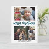 6 Foto Collage Joyful Merry Christmas blauwe stree Feestdagenkaart (Staand voorkant)