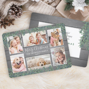 6 Foto Collage Kerstmis Greenery & Grey Wood Feestdagenkaart