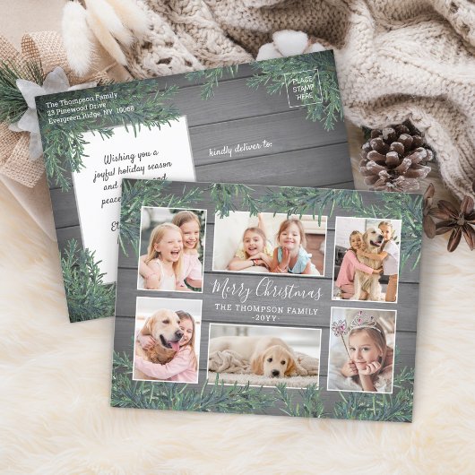 6 Foto Collage Kerstmis Greenery & Grey Wood Feestdagenkaart
