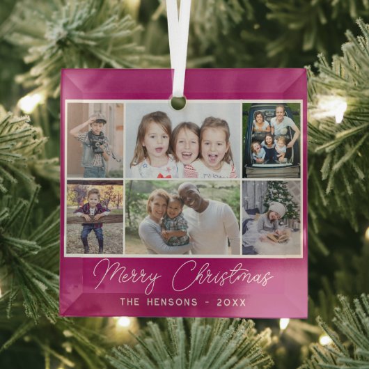 6 Foto Collage Merry-kerstfamilie Glas Ornament (Insitu)
