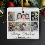 6 Foto Collage Merry-kerstfamilie Keramisch Ornament<br><div class="desc">6 Foto Collage Merry Kerstfamilie-versiering. Het moderne kerstontwerp met zes foto's,  vrolijk kerstfeest,  familienaam en jaar. Voeg 6 favoriete foto's toe en pas de tekst aan. Sweet kersttasje of cadeau voor je familie en vrienden.</div>