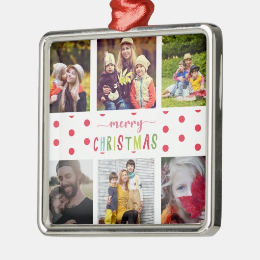 6 Foto Collage Merry kerstkleurig Metalen Ornament (Links)