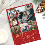 6 foto-collage Merry kerstscript familie Feestdagenkaart<br><div class="desc">Elegant stijlvol Merry kerstnamefaux gouden klassiek kalligrafiescript zes familiefoto's rode feestkaart met uw aangepaste tekst aan beide zijden. GELIEVE OPMERKING TE MAKEN dat de achtergrondkleur bewerkbaar is. U kunt het veranderen nadat u de optie AANPASSEN onder het PERSONALIZE IT-menu hebt geselecteerd. Als u zich niet gemakkelijk voelt veranderend het, te...</div>