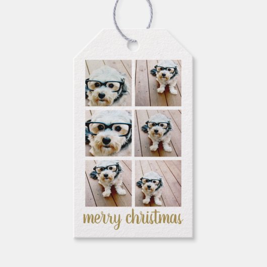 6 Foto Collage Merry Kerstscript Gold Stars Cadeaulabel (Voorkant)