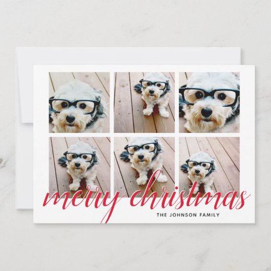 6 Foto Collage Merry Kerstscript Rode sterren Feestdagenkaart (Voorkant)
