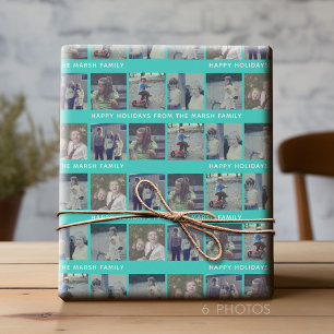 6 Foto collage met Happy Holiday-tekst Aqua Blauwg Cadeaupapier