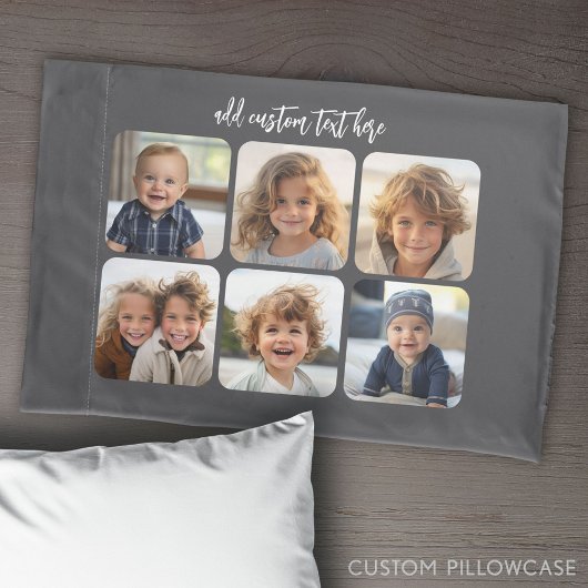 6 foto collage met trendy bounce script - grijs kussensloop
