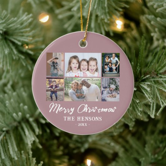 6 Foto Collage Pink Merry-kerstfamilie Keramisch Ornament (Boom)