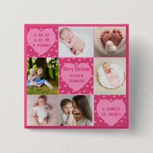 6 Foto Collage Roze hart pasgeboren Geboorte Stat Vierkante Button 5,1 Cm