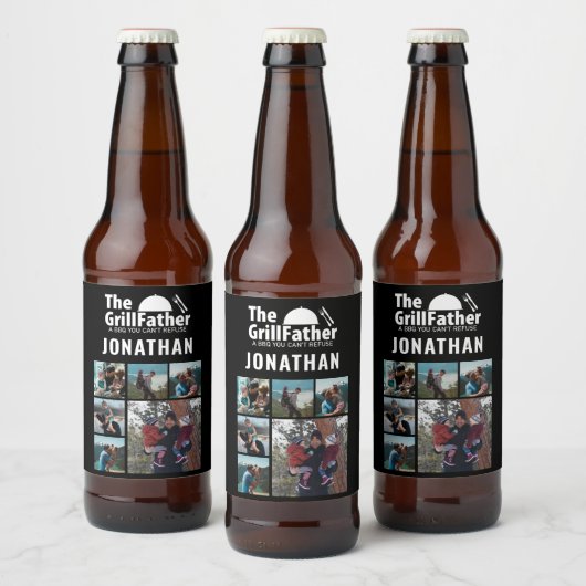 6 Foto Collage Vaderdag De Grillfather BBQ   Bier Etiket (Flessen)