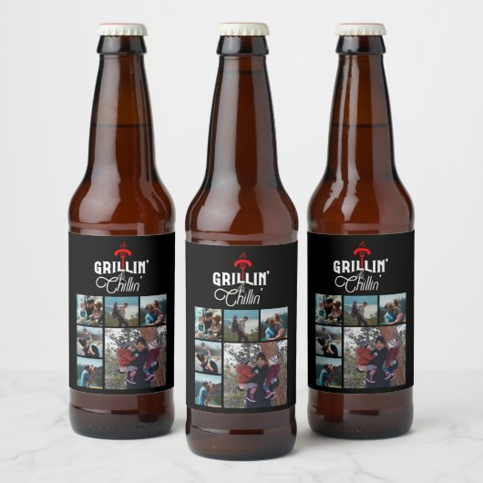 6 Foto Collage Vaderdag Grillin' & Chillin' Bier Etiket (Flessen)