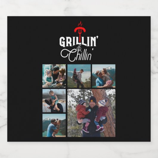 6 Foto Collage Vaderdag Grillin' & Chillin' Bier Etiket (Enkel label)