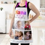 6 Foto Collage We houden van je Nana Colorful Rain Schort<br><div class="desc">"We houden van je Nana en je kookkunst." Ze houdt elke minuut van haar kleinkinderen. Voeg extra glans toe aan haar culinaire avonturen wanneer ze dit elegante, verfijnde, eenvoudige en moderne schort draagt. Een speelse, witte, stijlvolle visuele weergave van kleurrijke regenboogkleurige gewaagde typografie en zwarte handgeschreven typografie bedekken een zacht,...</div>