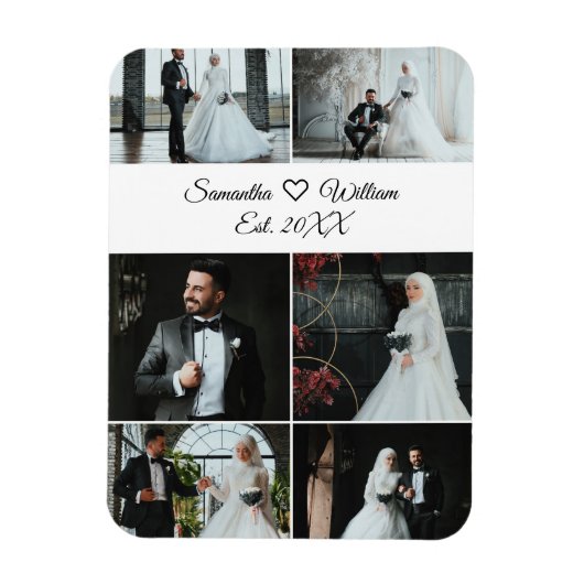 6 Foto Custom Wedding Collage met Namen Magneet (Verticaal)