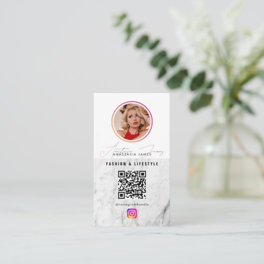 6 Foto Feed Grid Social Media QR Code Marmer Visitekaartje (Staand voorkant)