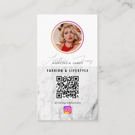 6 Foto Feed Grid Social Media QR Code Marmer Visitekaartje (Voorkant)