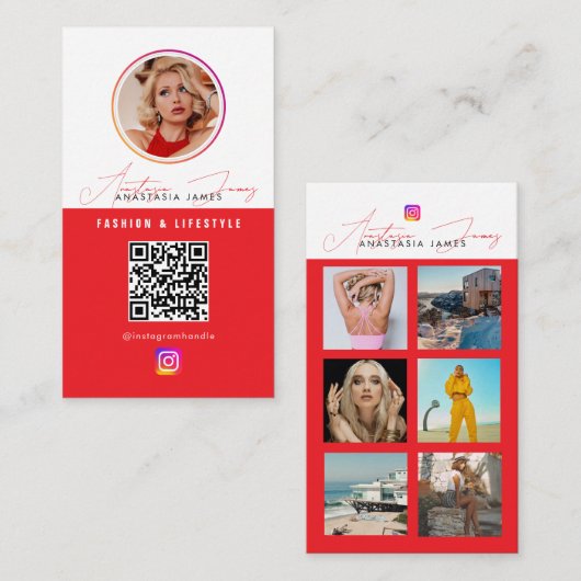 6 Foto Feed Grid Social Media QR Code Rood Visitekaartje (Voorkant / Achterkant)