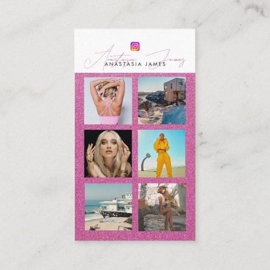 6 Foto Feed Grid Social Media QR Code Roze Visitekaartje (Achterkant)