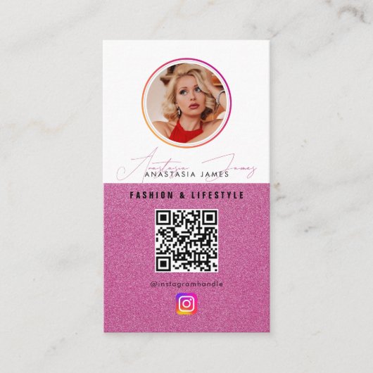 6 Foto Feed Grid Social Media QR Code Roze Visitekaartje (Voorkant)