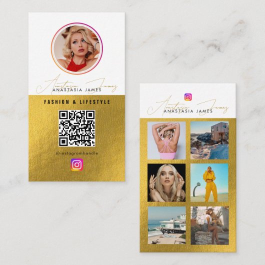 6 Foto Feed Grid Social Media QR Code Wit Goud Visitekaartje (Voorkant / Achterkant)