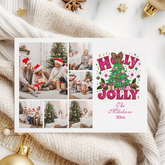 6 Foto Glitter Leopard Bow Holly Jolly Feestdagenkaart