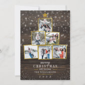 6 Foto Gold kerstboom | Rustisch hout en sneeuw Kaart (Voorkant)