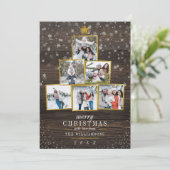 6 Foto Gold kerstboom | Rustisch hout en sneeuw Kaart (Staand voorkant)