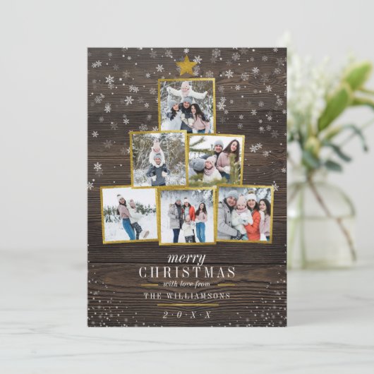 6 Foto Gold kerstboom | Rustisch hout en sneeuw Kaart (Staand voorkant)