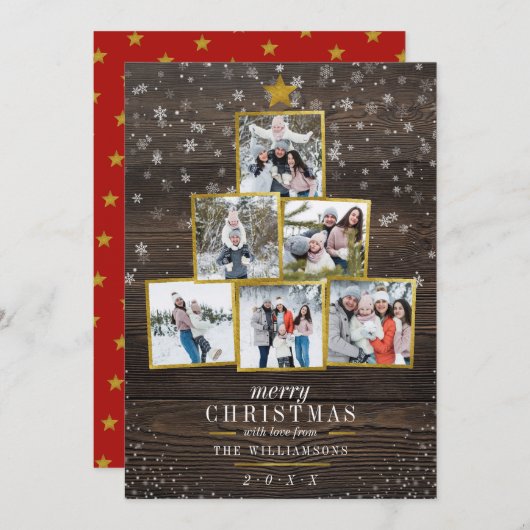 6 Foto Gold kerstboom | Rustisch hout en sneeuw Kaart (Voorkant / Achterkant)