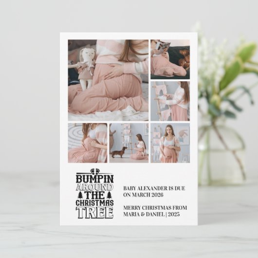 6 Foto Kerstboom Zwangerschapsaankondiging Feestdagenkaart (Staand voorkant)