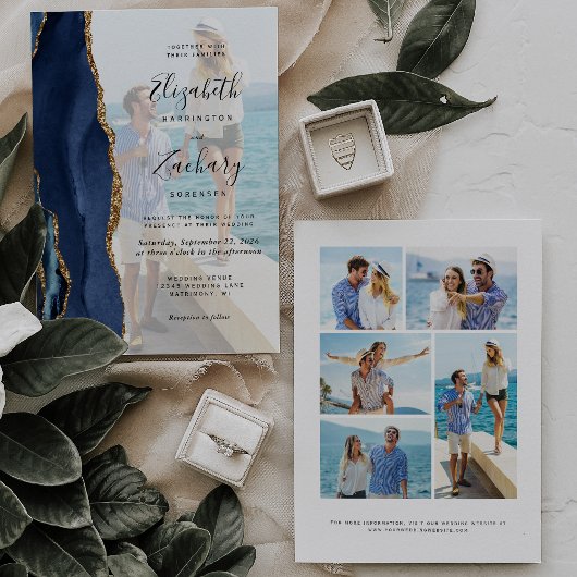 6-Foto Navy Blue Gold Agaat Wedding Kaart