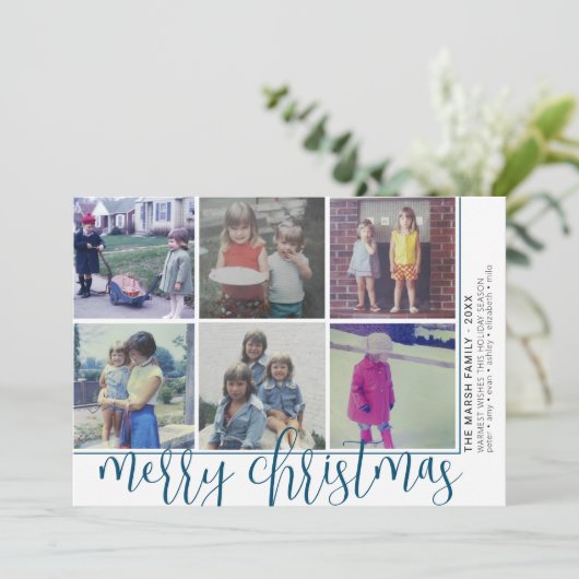 6 Foto offset - Script Merry Kerstmis - blauw Feestdagenkaart (Staand voorkant)