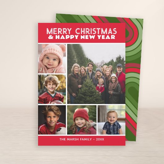 6 Foto Retro Stripe Kerstmis Rode Vrede en Liefde Feestdagenkaart